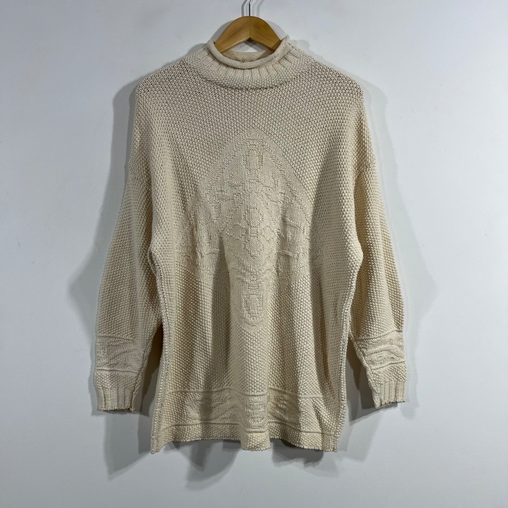 Hunt Club VTG 90s Mock Neck Sweater Cream Cotton Knit Embossed Medium Old Money